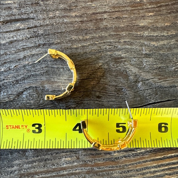 St. John signed gold hoop pierced earrings black enamel EVC - Picture 6 of 6